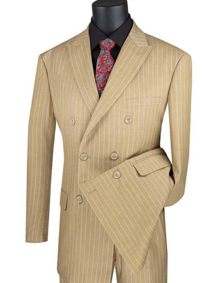 Camel Pinstripe Regular Fit Double-Breasted Suit – Banker Collection - Upscale Men's Fashion