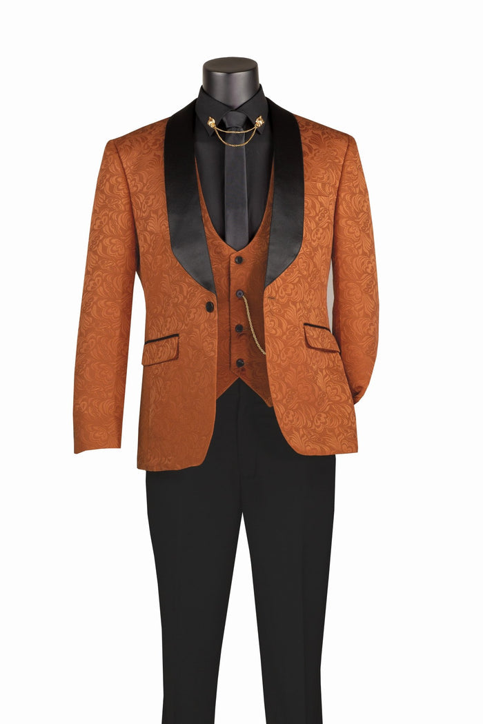 Caramel Slim Fit Jacquard 3-Piece Tuxedo with Shawl Lapel – Rivoli Collection - Upscale Men's Fashion