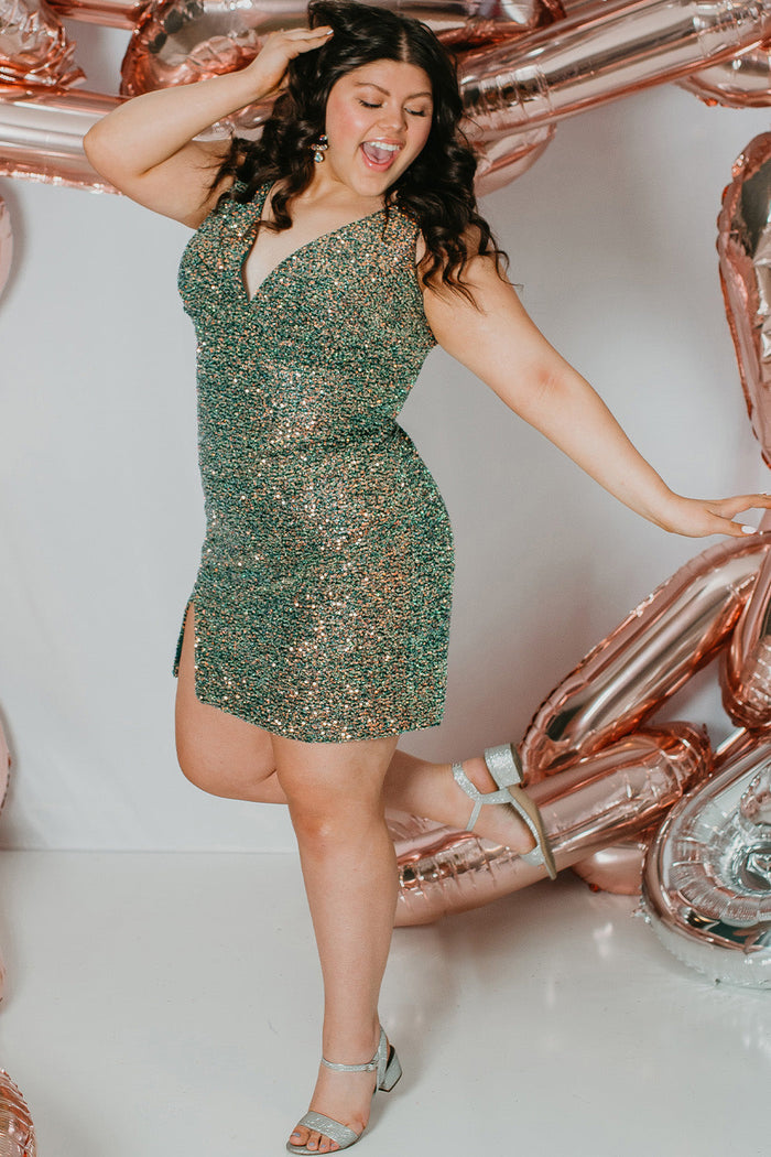 Sydney's Closet Plus Size Homecoming Short Party Dress SC8110 - Slim, fitted silhouette with pleate bodice, bra-friendly straps, fitted skirt and slit. Available in green sequins