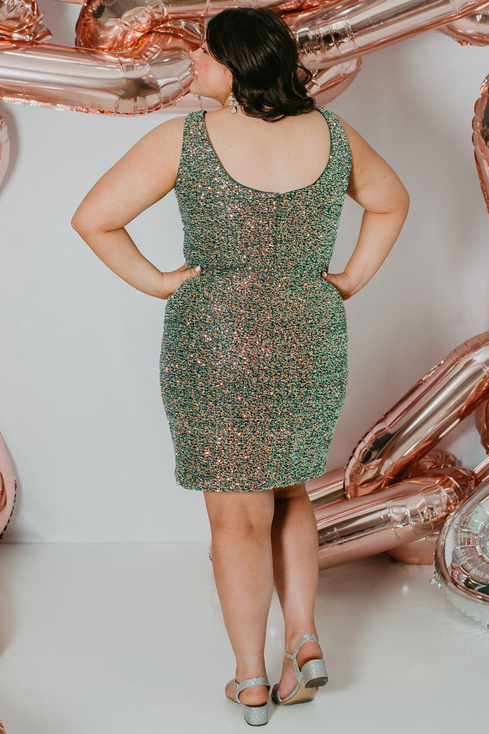 Sydney's Closet Plus Size Homecoming Short Party Dress SC8110 - Slim, fitted silhouette with pleate bodice, bra-friendly straps, fitted skirt and slit. Available in green sequins