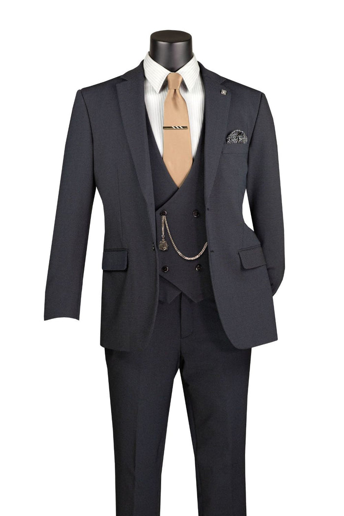 Charcoal Black Modern Fit 3-Piece Bird’s-Eye Weave Stretch Suit – Livorno Collection - Upscale Men's Fashion