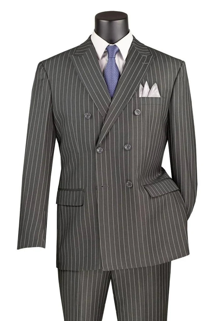 Charcoal Pinstripe Regular Fit Double-Breasted Suit – Banker Collection - Upscale Men's Fashion