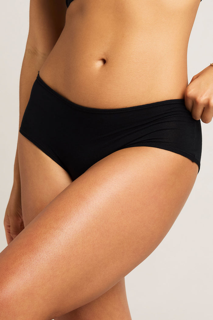Black cotton boy short underwear, close-up of waistband and hip