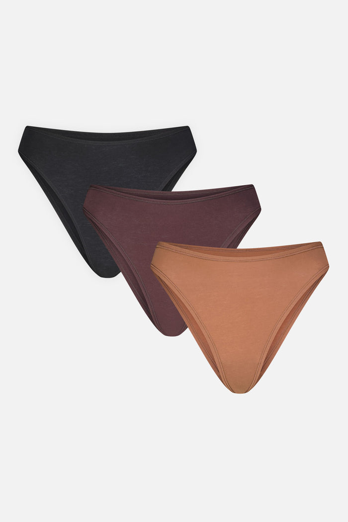 Three French cut cotton briefs in black, deep brown, and tan (pack)