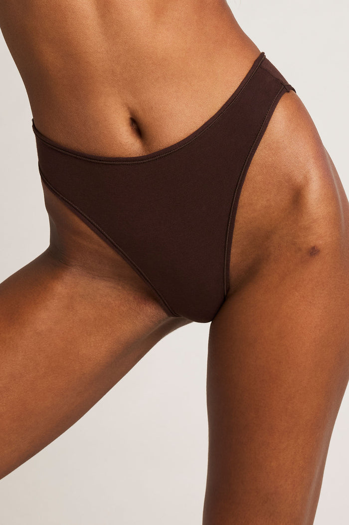 Deep brown French cut cotton brief with high-leg coverage and smooth waistband