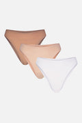 Pack of French-cut cotton briefs in honey and white, three pairs shown.