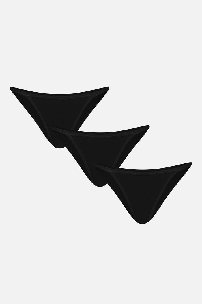 Three black string bikini bottoms, V-cut triangles with thin side straps