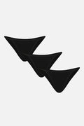 Three black string bikini bottoms, V-cut triangles with thin side straps