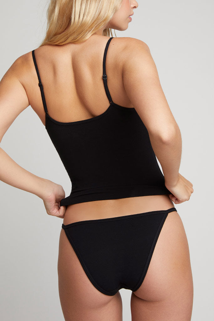 Black string bikini set: camisole top and V-string bottoms, back view