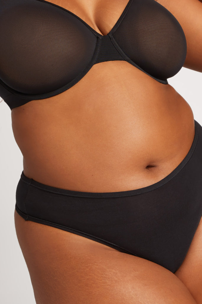 Black thong underwear with smooth, stretchy fabric and V-front