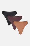 3-pack cotton thongs in minimal cut: black, deep brown, and tan-brown