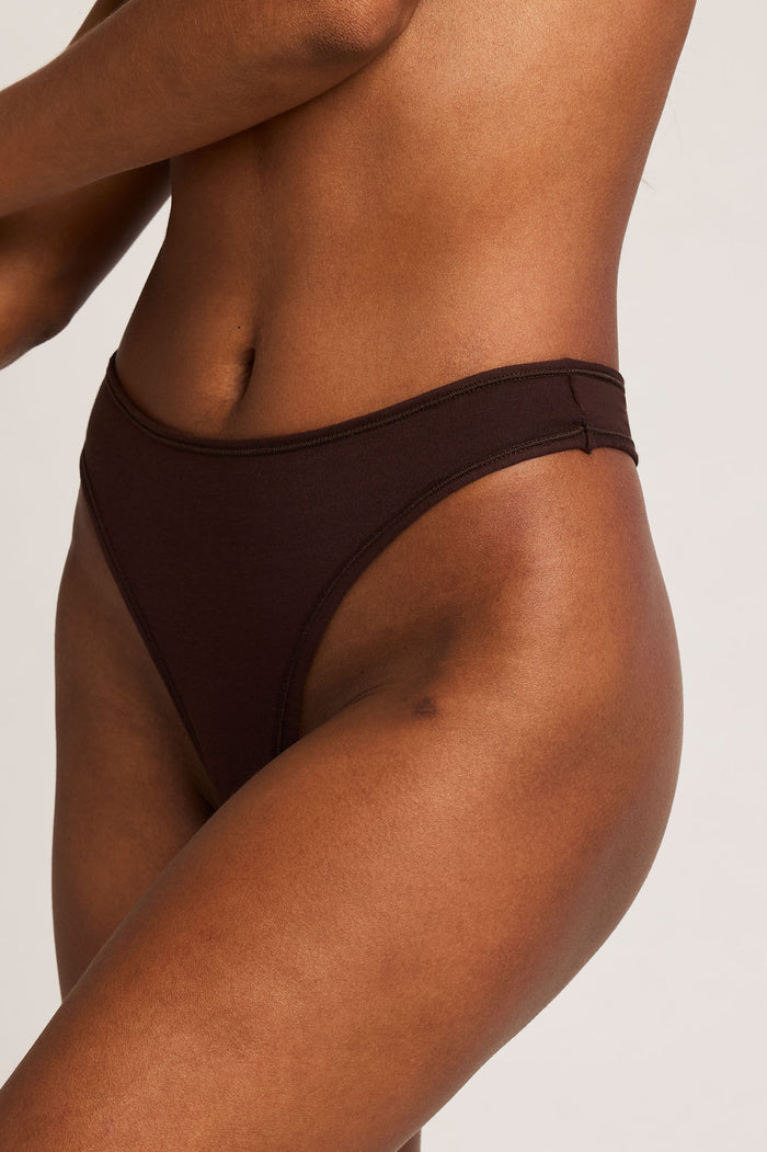 Cotton thong in deep brown with wide waistband and minimal back cut