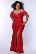 Sydney's Closet SC7402 sexy fitted prom dress in sparkle lycra .  Exposed boning on corset, drape sleeves with adjsutable spaghetti straps, high slit and ruchsed skirt. Available in violet purple, magenta pink, or turq blue and green.