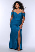 Sydney's Closet SC7402 sexy fitted prom dress in sparkle lycra .  Exposed boning on corset, drape sleeves with adjsutable spaghetti straps, high slit and ruchsed skirt. Available in violet purple, magenta pink, or turq blue and green.