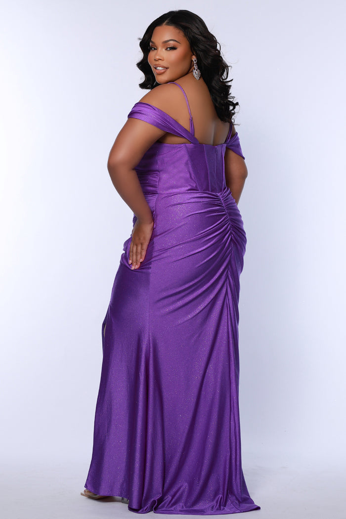 Sydney's Closet SC7402 sexy fitted prom dress in sparkle lycra .  Exposed boning on corset, drape sleeves with adjsutable spaghetti straps, high slit and ruchsed skirt. Available in violet purple, magenta pink, or turq blue and green.