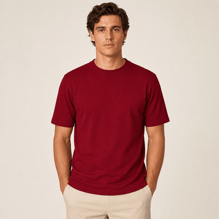 Deep Cherry Ribbed Regular Fit Crew Neck T-Shirt - Upscale Men's Fashion