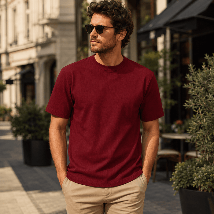 Deep Cherry Ribbed Regular Fit Crew Neck T-Shirt - Upscale Men's Fashion