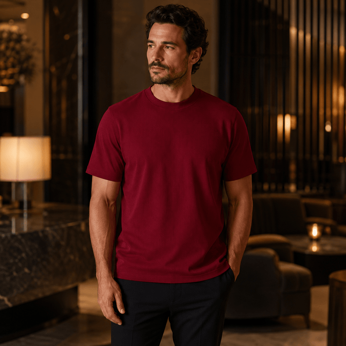 Deep Cherry Ribbed Regular Fit Crew Neck T-Shirt - Upscale Men's Fashion