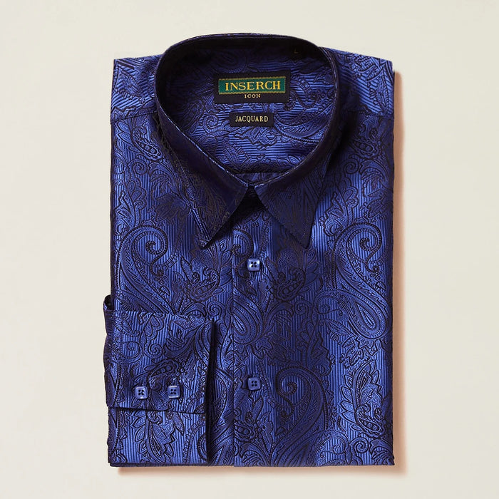 Deep Sea Blue Paisley Long Sleeve Jacquard Shirt - Upscale Men's Fashion