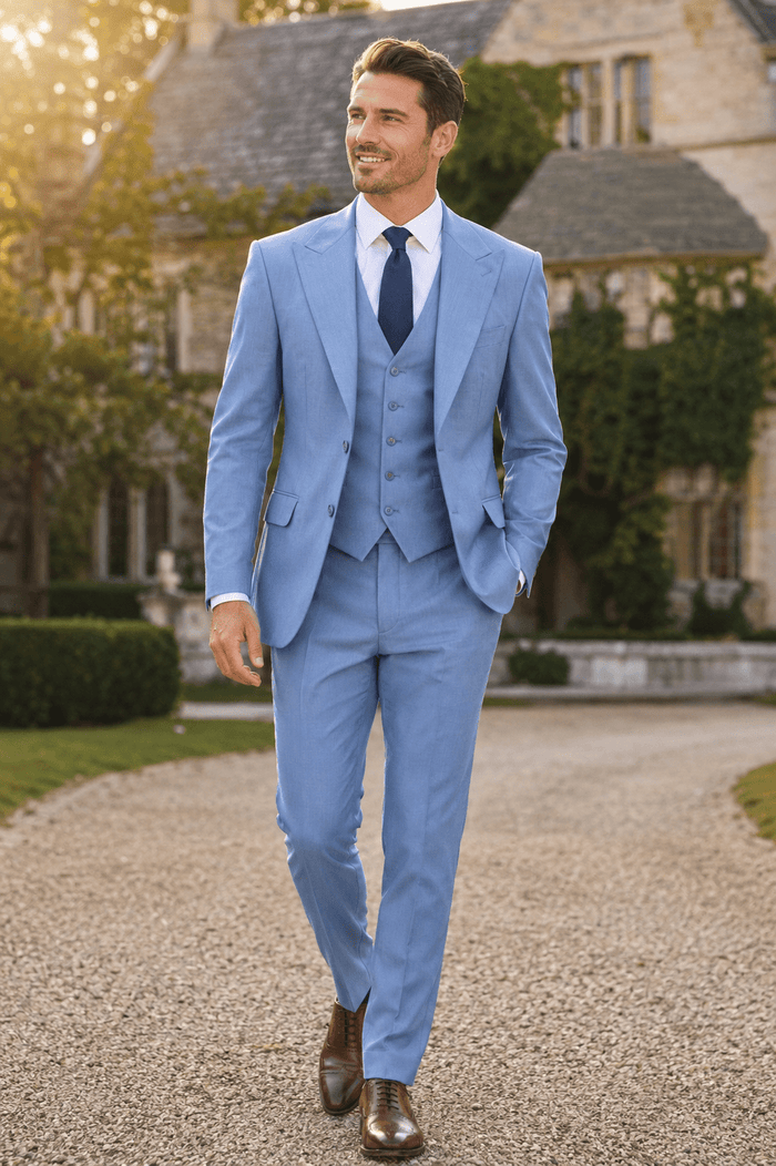 Dusty Blue Textured Regular Fit 3-Piece Suit – Bellavere Collection - Upscale Men's Fashion
