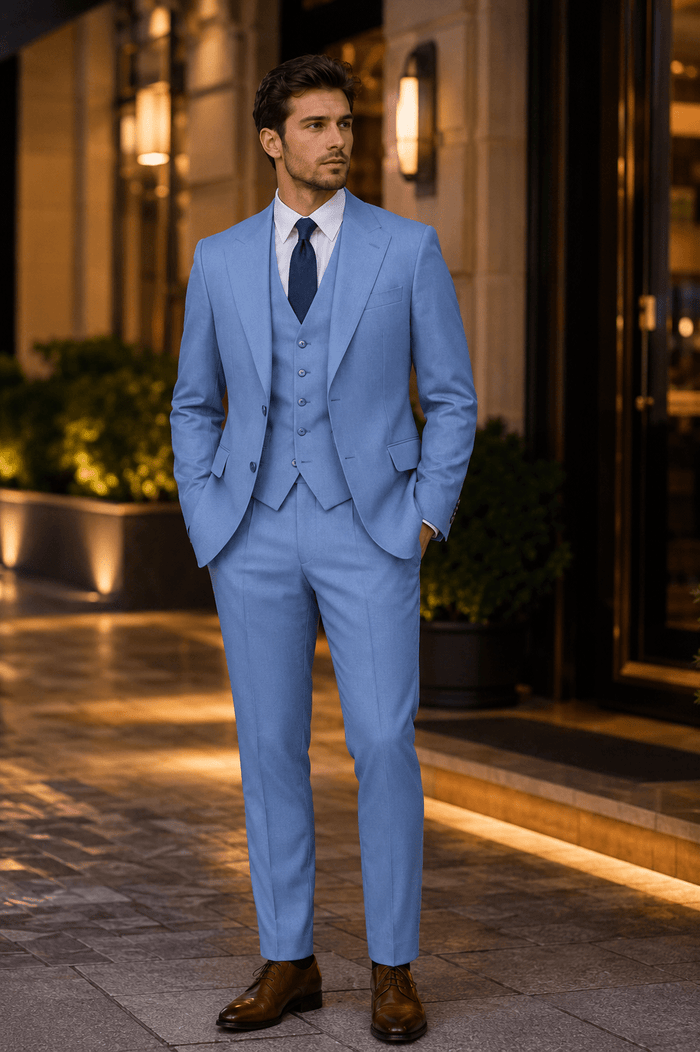 Dusty Blue Textured Regular Fit 3-Piece Suit – Bellavere Collection - Upscale Men's Fashion