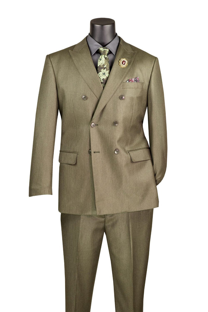 Dusty Green Regular Fit Double-Breasted Sharkskin 2-Piece Suit-Valentaro Collection - Upscale Men's Fashion