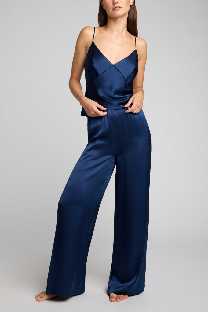 Navy silk cami and matching wide-leg pants with V-neck and spaghetti straps