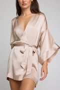 Light champagne satin mini robe with V-neck, wide sleeves, and bow-tie belt