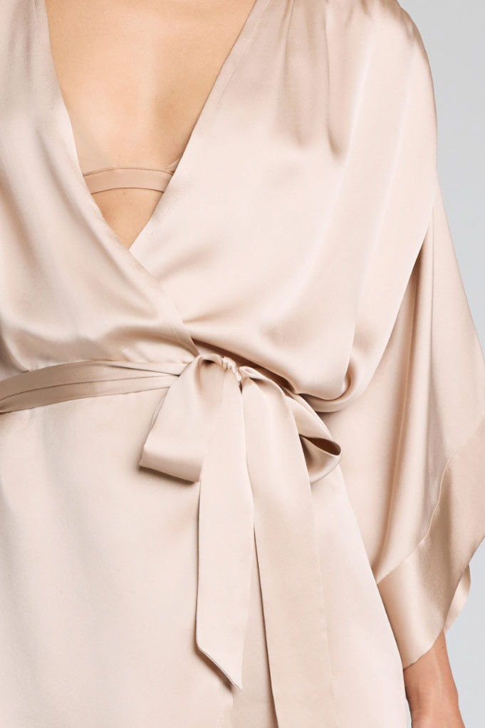 Champagne satin mini robe waist tie detail with flowing wide sleeves