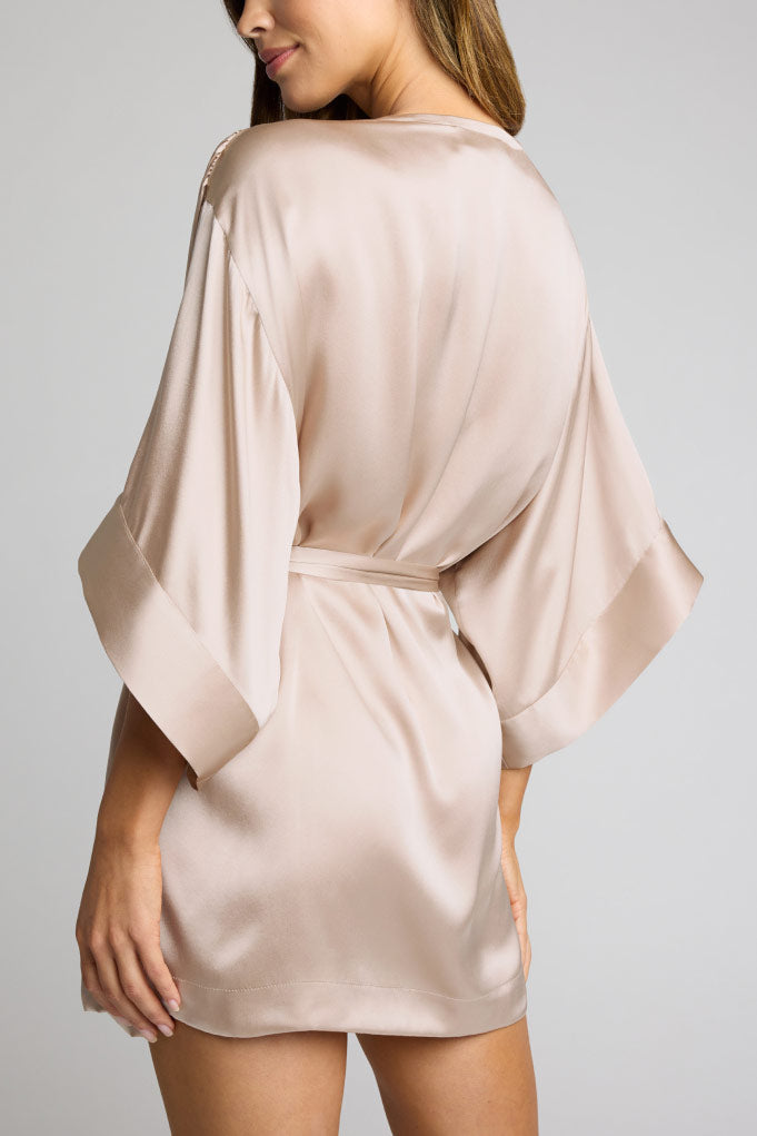 Light champagne satin mini robe with wide sleeves, tie waist, V-back neckline