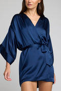 Navy satin-look mini robe with V-neck and self-tie belt; relaxed fit with wide sleeves
