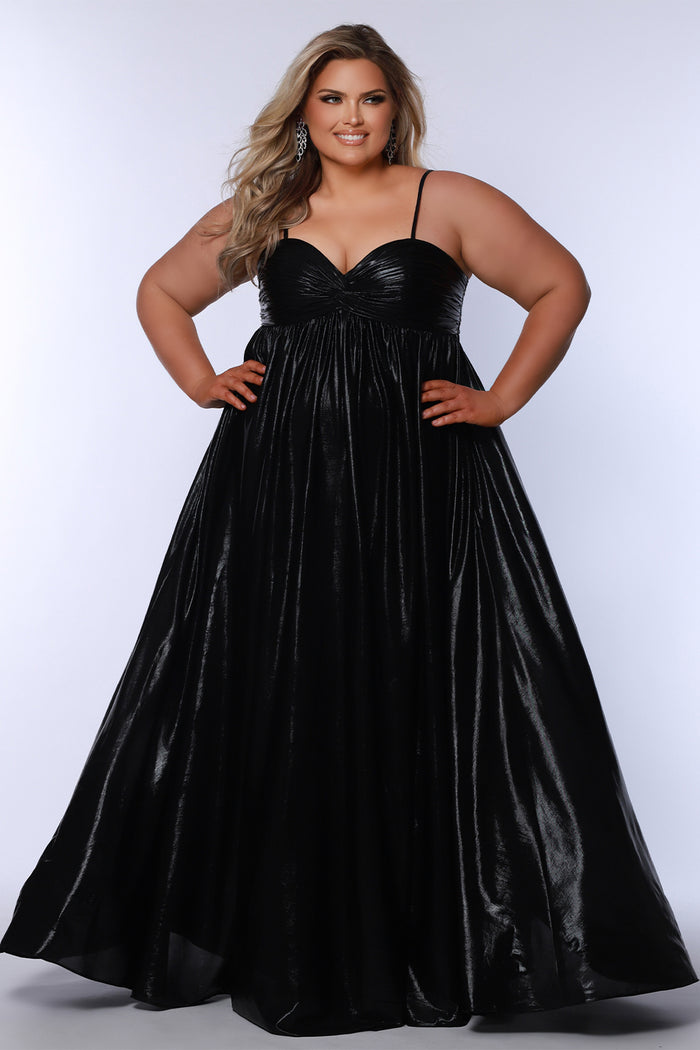 Empire plus size formal dress with spaghetti straps, pleated bodice with knot detail, pockets and slit. Available in gold, onyx black and ruby red. SC7414 by Sydney's Closet
