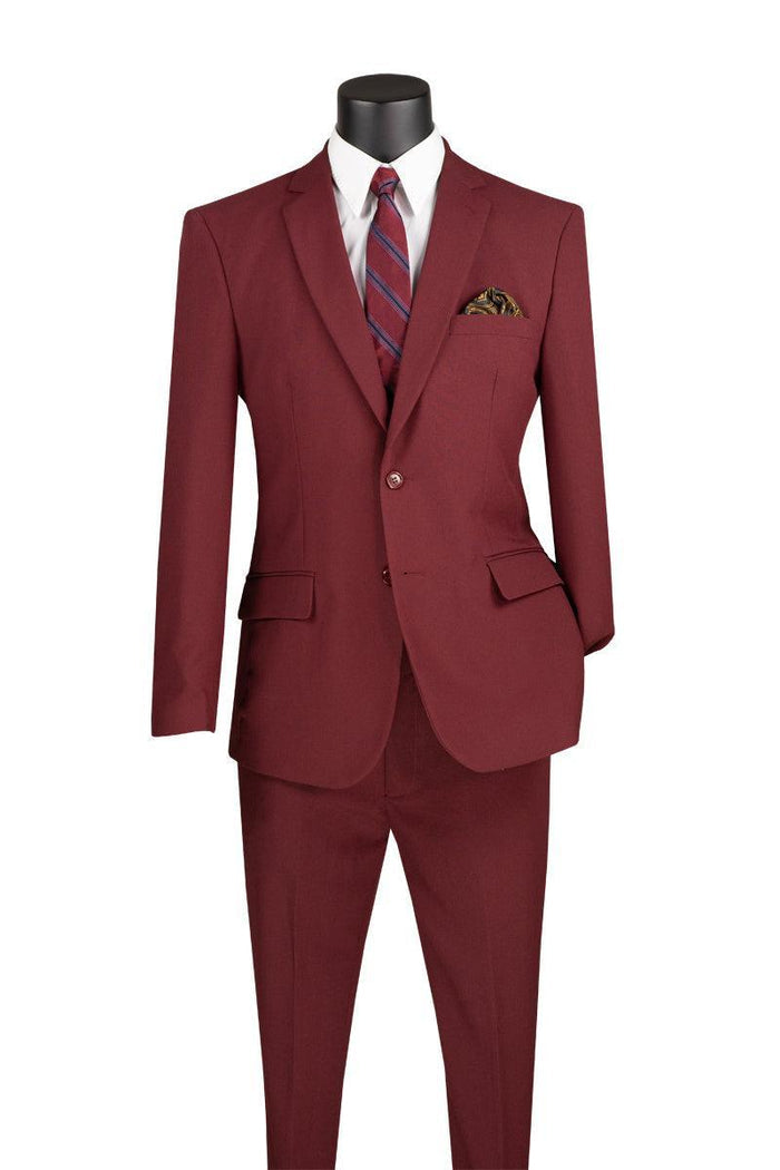 Essential Poplin Collection-Burgundy Slim Fit 2 Piece Suit - Upscale Men's Fashion