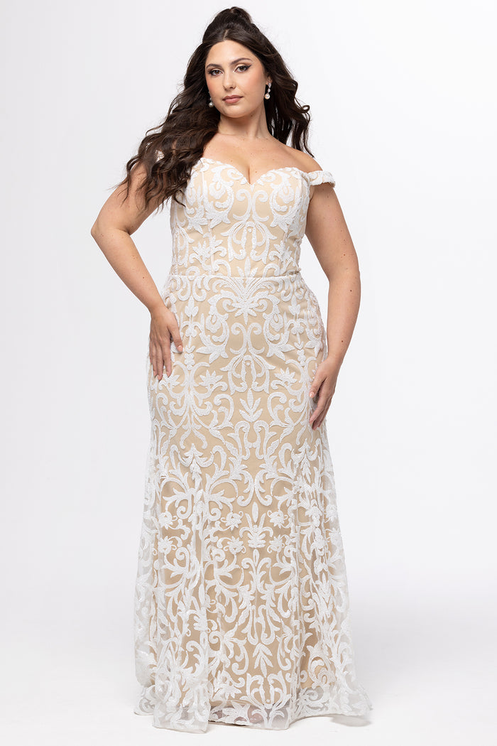 Plus-size woman wearing an off-the-shoulder nude and ivory sequin embroidered formal gown with sweetheart neckline, off-the-shoulder straps and fitted silhouette. CE2611 available from Sydney's Closet