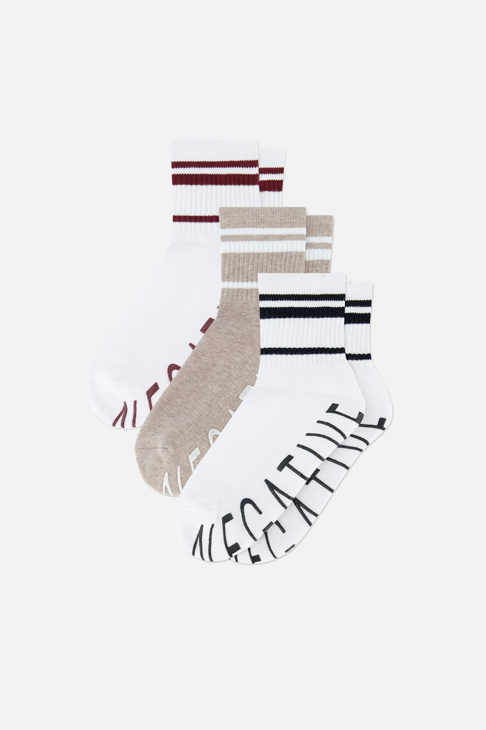 Multi-pack ankle socks in white, tan, and beige with striped cuffs