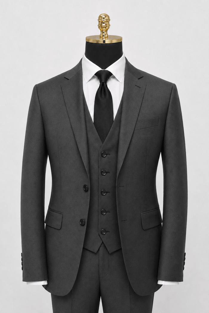 Ferera Modern Fit 3-piece dark gray suit on logo-free mannequin
