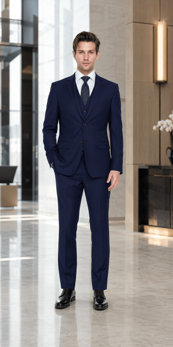 Ferera Modern Fit 3-piece navy suit lifestyle image