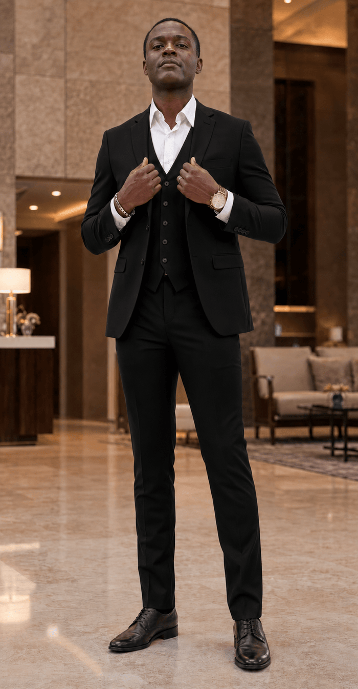 Ferera Slim Fit 3-piece black suit lifestyle image