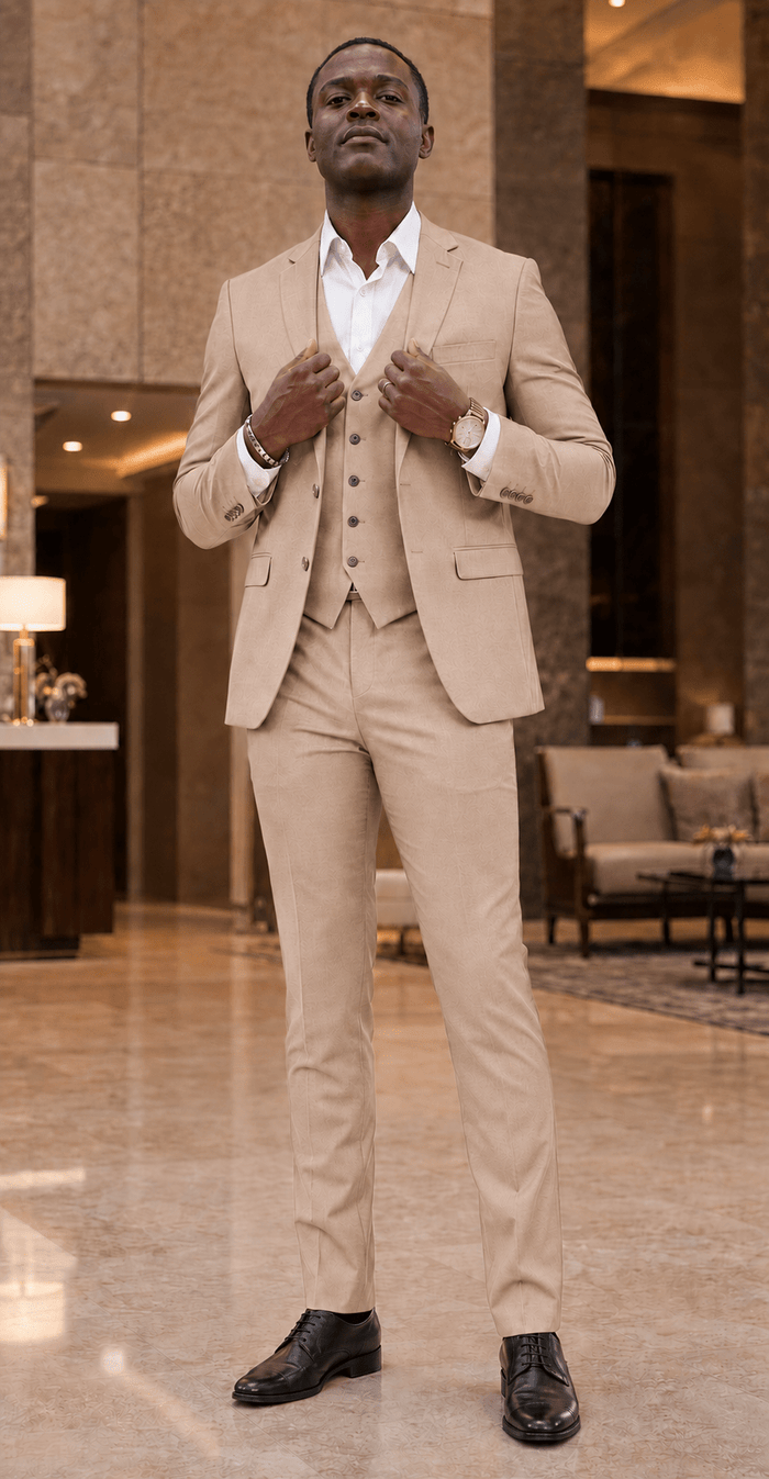 Ferera Slim Fit 3-piece tan suit lifestyle image