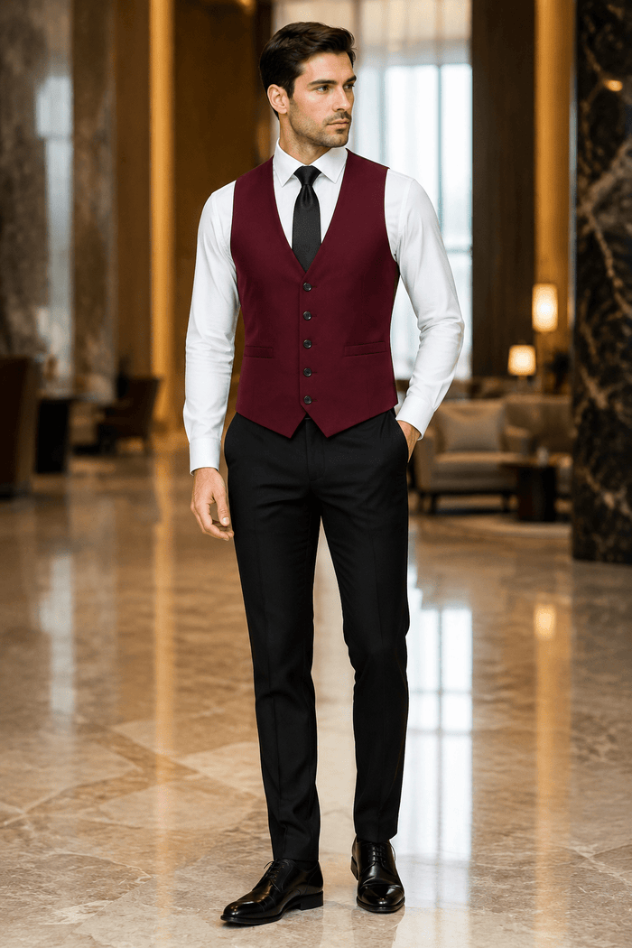 Ferera Collection Men's Burgundy Slim Fit Suit Vest - Upscale Men's Fashion