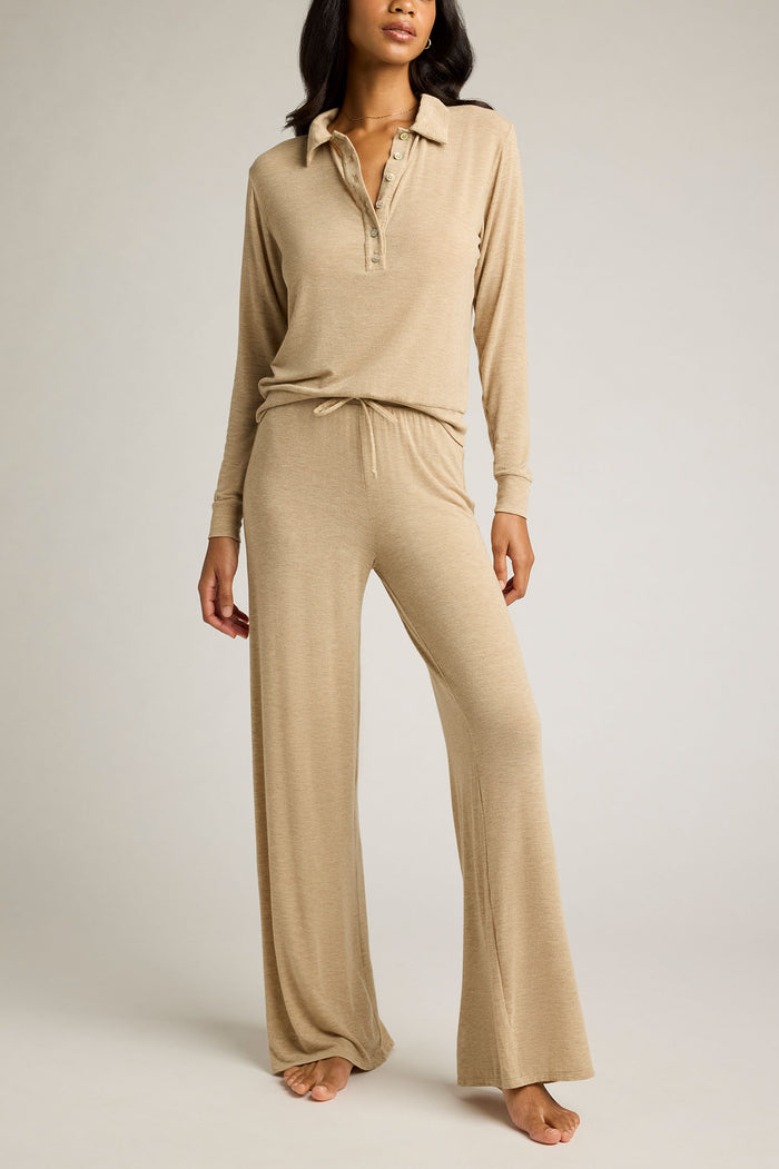 Featherweight cashmere track pants in dune, wide-leg with drawstring waist