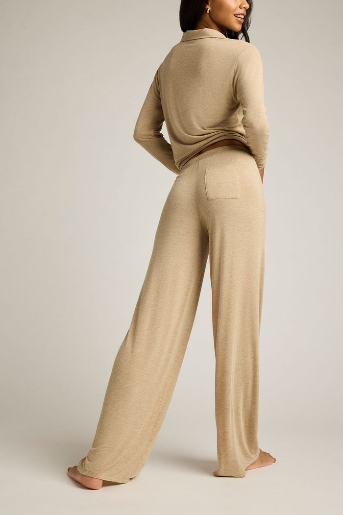 Dune cashmere track pants, back view with patch pocket and relaxed wide-leg fit