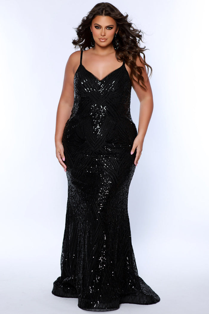 Sydney’s Closet SC7340 black. Slim Silhouette, fitted Bodice and a slim skirt with Spaghetti Straps. Natural Waistline, V-neckline and Center-back Zipper. Sequins over stretch knit lining.