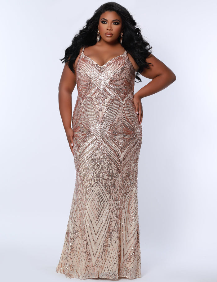 Sydney’s Closet SC7340 Rose Gold. Slim Silhouette, fitted Bodice and a slim skirt with Spaghetti Straps. Natural Waistline,  V-neckline and Center-back Zipper. Rose gold sequins over stretch knit lining.