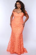 Sydney's Closet SC7372 Orange. Mermaid Silhouette, Floor length, Sequin Net, V-neckline, Fitted Bodice, Off-the-Shoulder, Center-back Zipper, Natural Waistline, Mermaid Skirt with Train, Stretch Knit Lining.