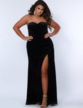 Sydney’s Closet SC7342 Black. Slim/Fitted silhouette, strapless with optional spaghetti straps. Modified Basque waist, exposed corset boning on bodice and a ruched waist. Stretch velvet, with high slit and sweep train.