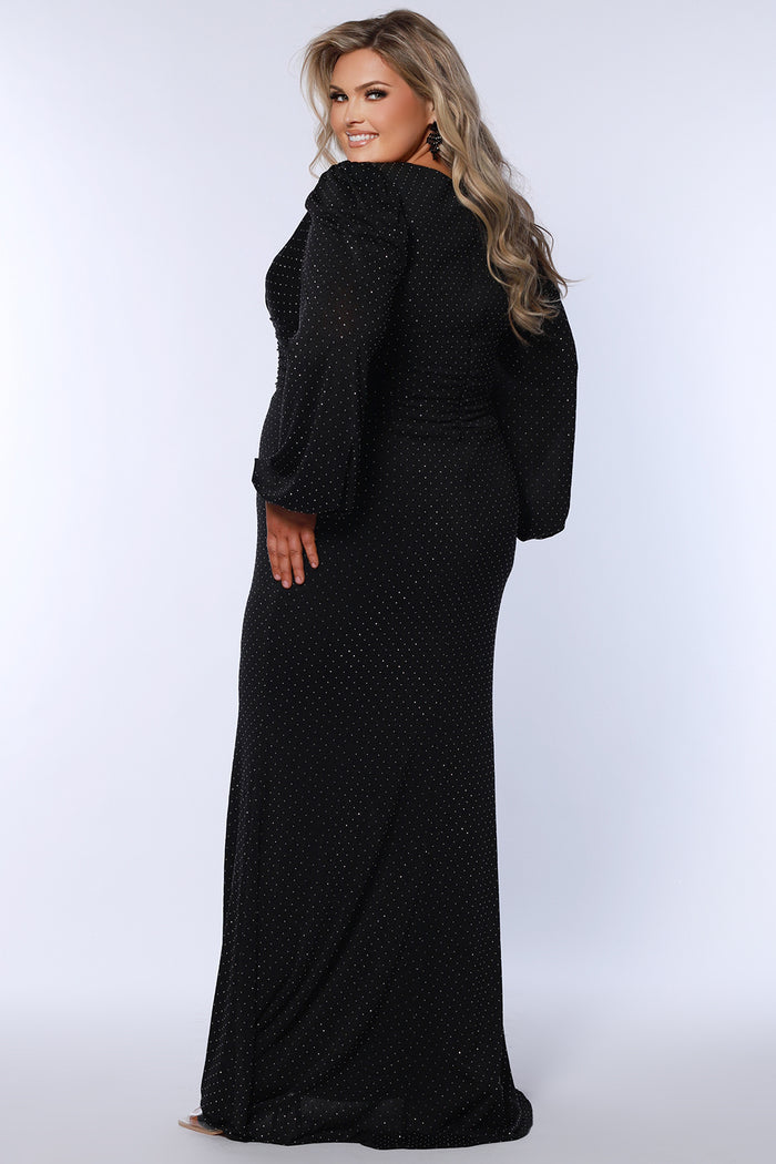 Plus size long black evening dress with deep v-neckline, pleated waistband, ruchsed skirt with high slit. Long puff sleeves with elastic at the wrist.  CE2502 available in sizes 14-24 in black. Celebrations by Sydney's Closet.