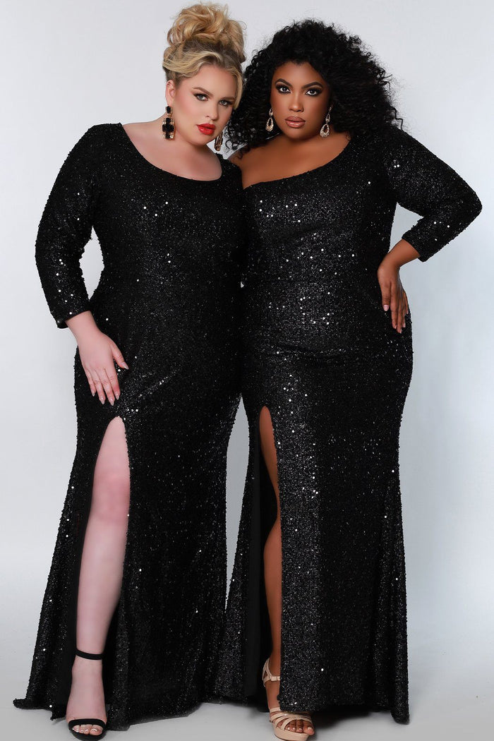 Sydney's Prom by Sydney's Closet fitted silhouette one sholder long sleeve with zipper back and sequin fabric available in pearlescent, ruby, onyx and sapphire SC7319 & SC7320