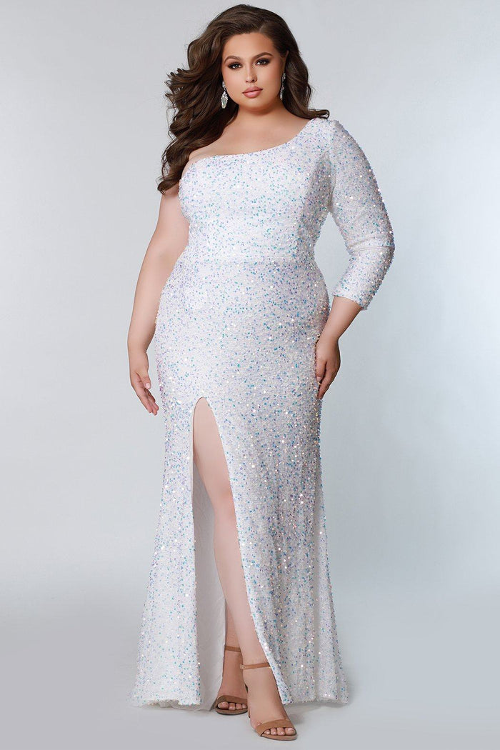 Sydney's Prom by Sydney's Closet fitted silhouette one sholder long sleeve with zipper back and sequin fabric available in pearlescent, ruby, onyx and sapphire SC7319