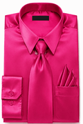 Fuchsia Satin Dress Shirt Set with Matching Tie & Pocket Square - Upscale Men's Fashion